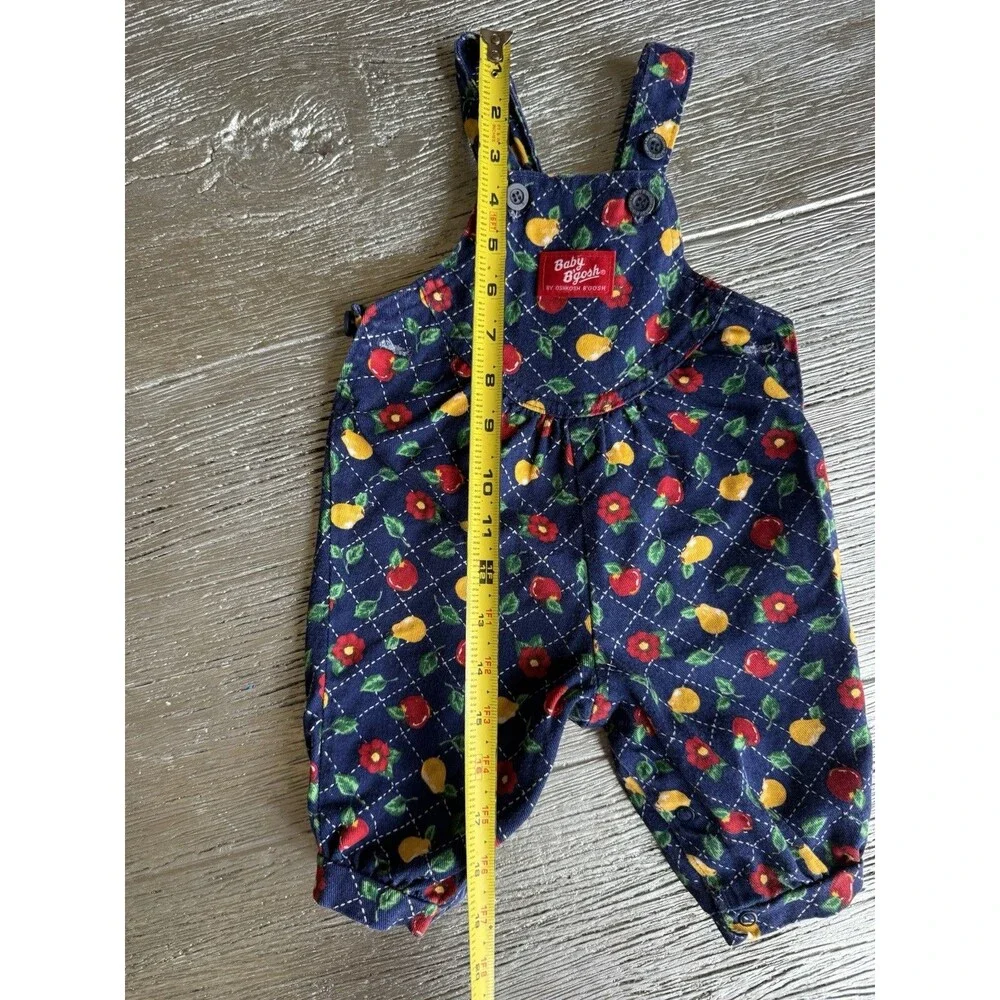 Vintage OshKosh Baby B’Gosh Vestbak Overalls 3-6M Fruit Apple Pear Floral USA 90
